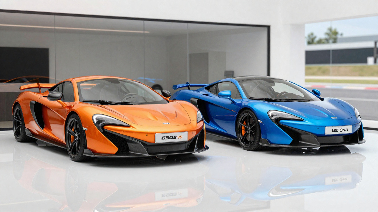 Dois carros esportivos McLaren estacionados lado a lado, um laranja e outro azul, em ambiente moderno e claro.