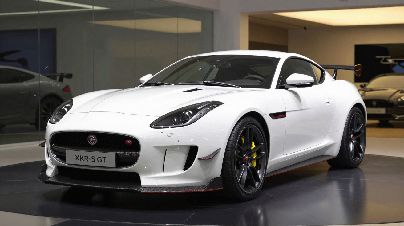 Carro esportivo branco Jaguar XKR-S GT estacionado em salão de exposição com piso escuro.