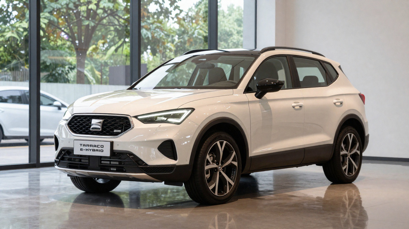 Carro SUV branco da marca SEAT modelo Tarraco e-Hybrid exposto em showroom moderno.