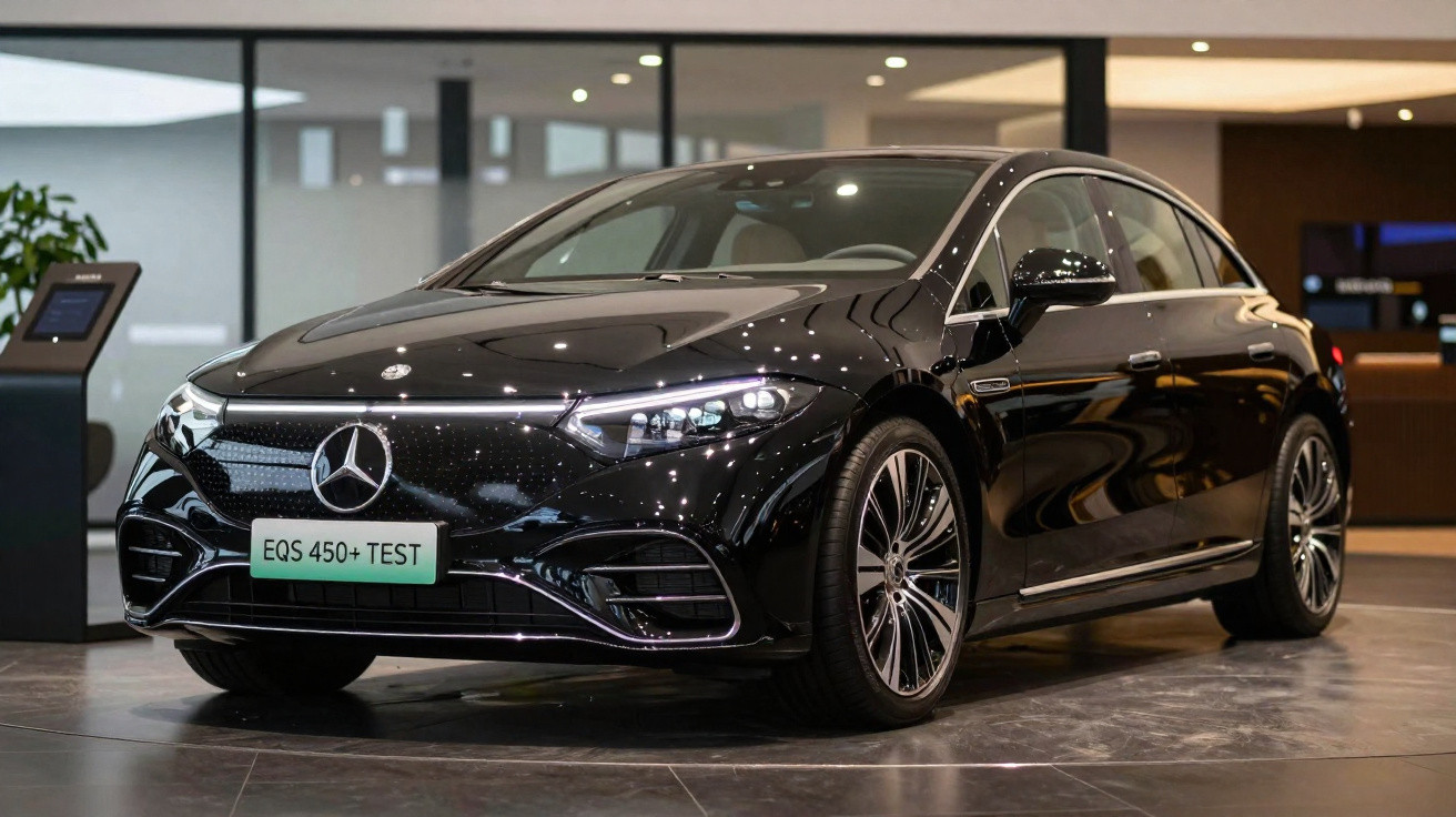 Carro elétrico preto Mercedes-Benz EQS 450+ Test estacionado em showroom moderno.