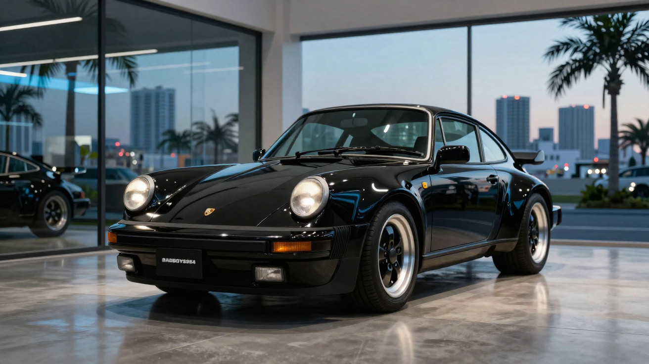 Carro esportivo Porsche clássico preto estacionado em showroom moderno com janelas amplas e reflexos no chão.
