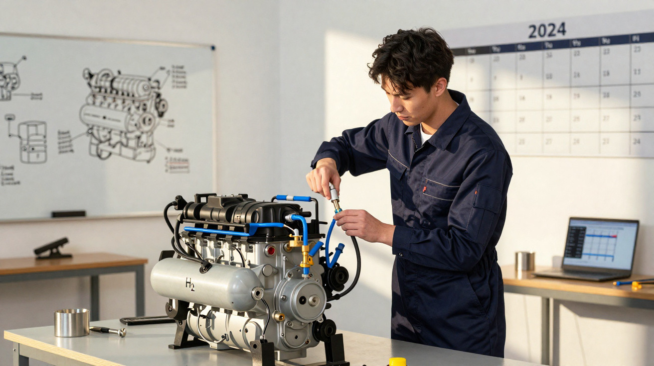 Homem em macacão azul ajustando motor de hidrogênio em bancada de laboratório com calendário 2024 ao fundo.