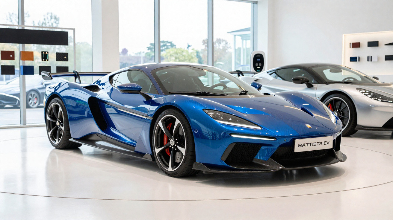 Carro esportivo elétrico azul McLaren Battista EV exposto em salão com piso branco e luz natural.