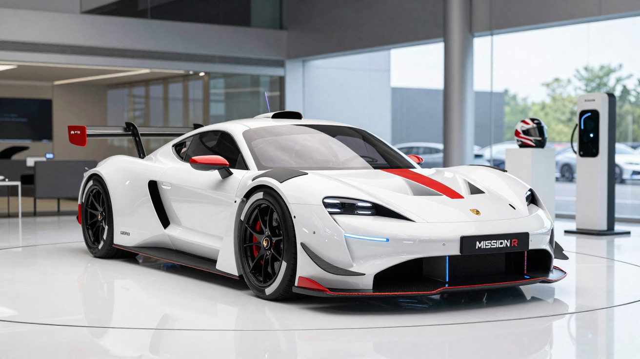 Carro esportivo branco Porsche Mission R em ambiente interno com detalhes vermelhos e pretos.