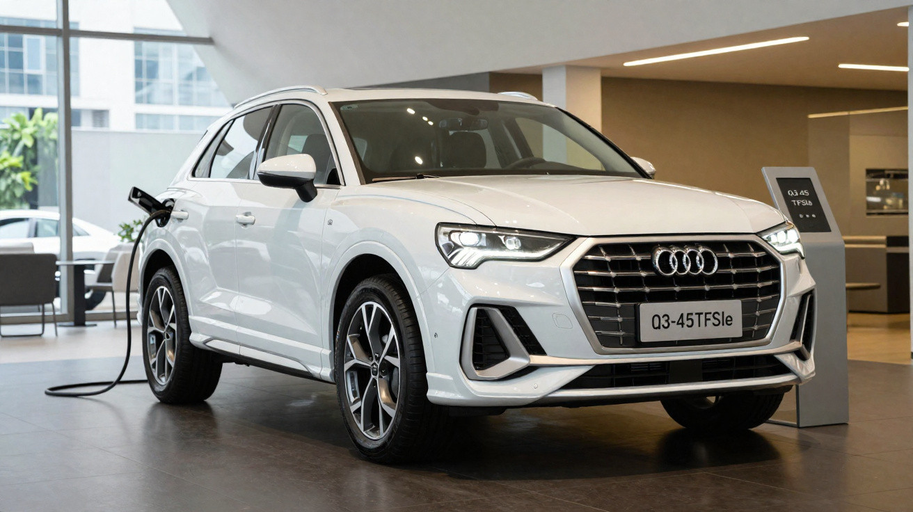 Carro branco Audi Q3 plugado em ponto de recarga dentro de showroom moderno e iluminado.