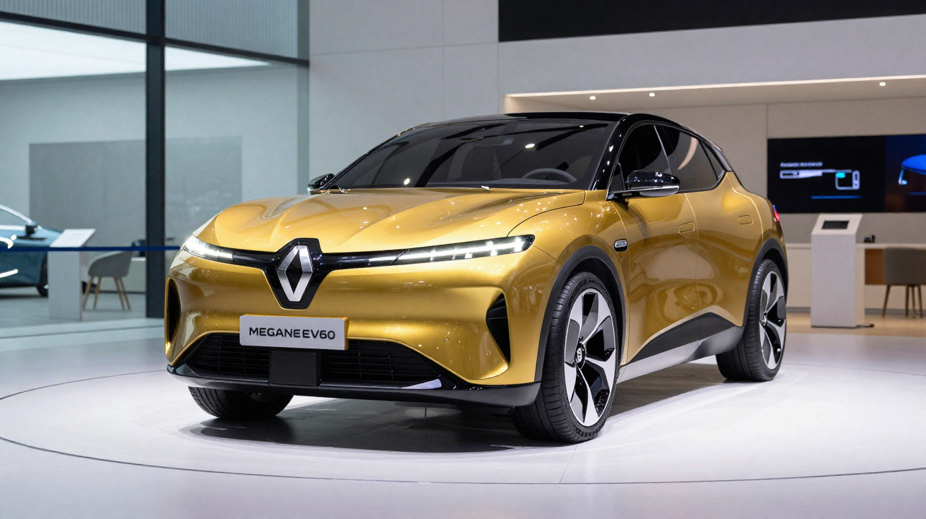 Carro elétrico Renault Megane EV60 dourado exposto em salão automotivo com ambiente moderno.
