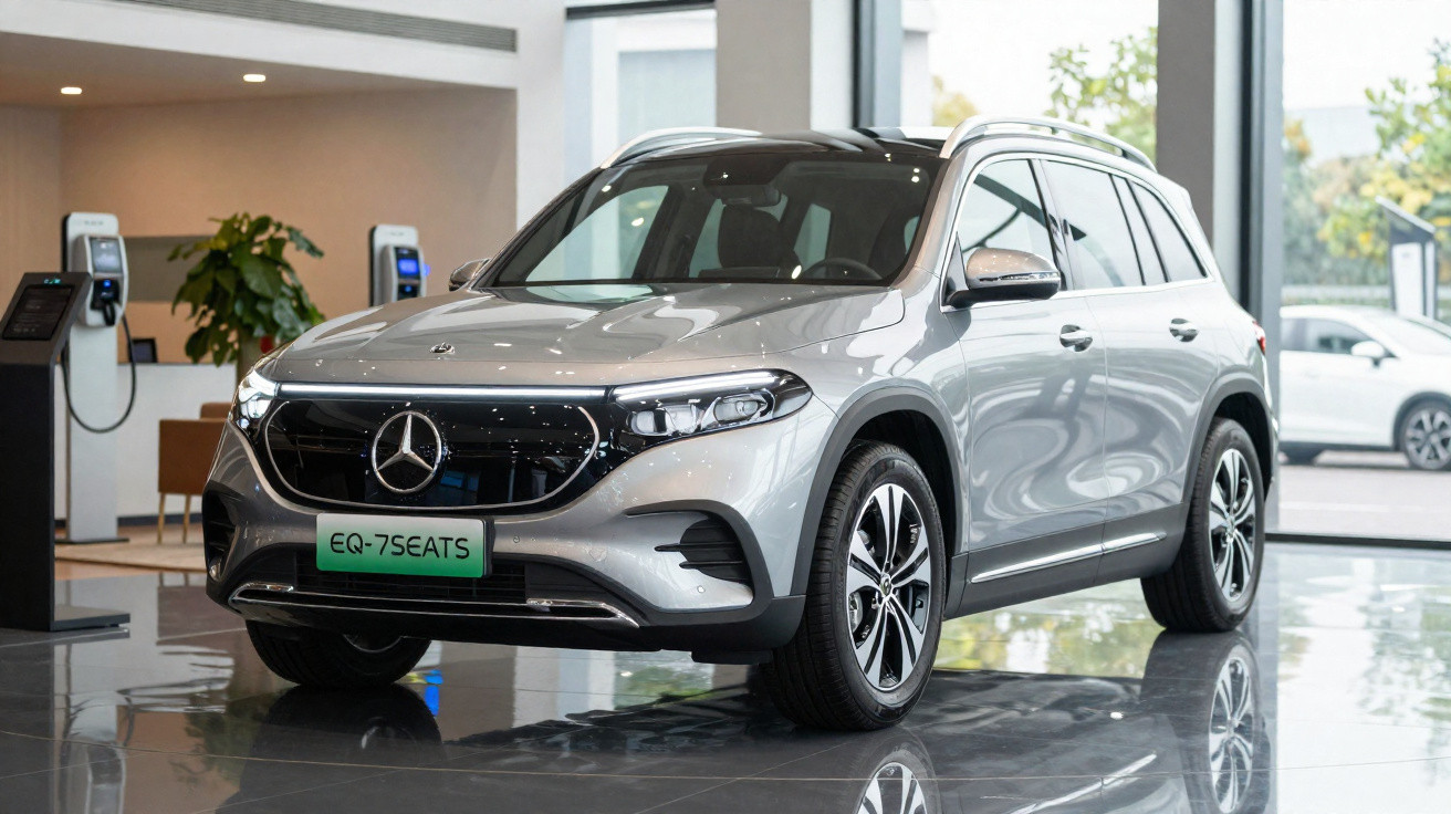 Carro elétrico SUV prata Mercedes-Benz EQ-7 de sete lugares em showroom moderno.