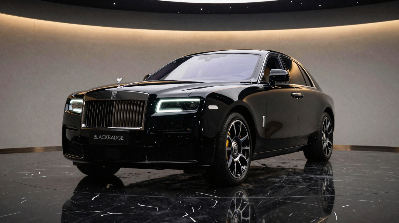 Carro de luxo Rolls-Royce Black Badge preto em salão com piso espelhado e iluminação suave.