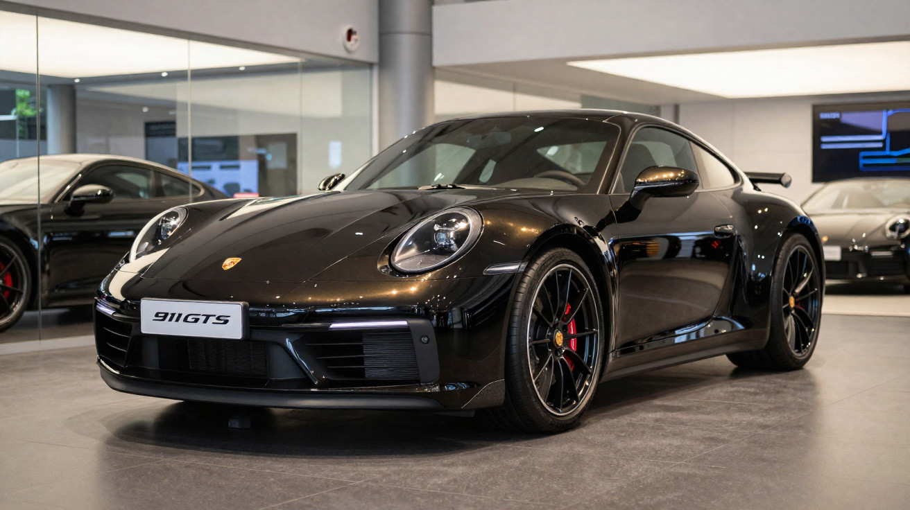 Carro esportivo preto Porsche 911 GTS em showroom com rodas pretas e pinças de freio vermelhas.