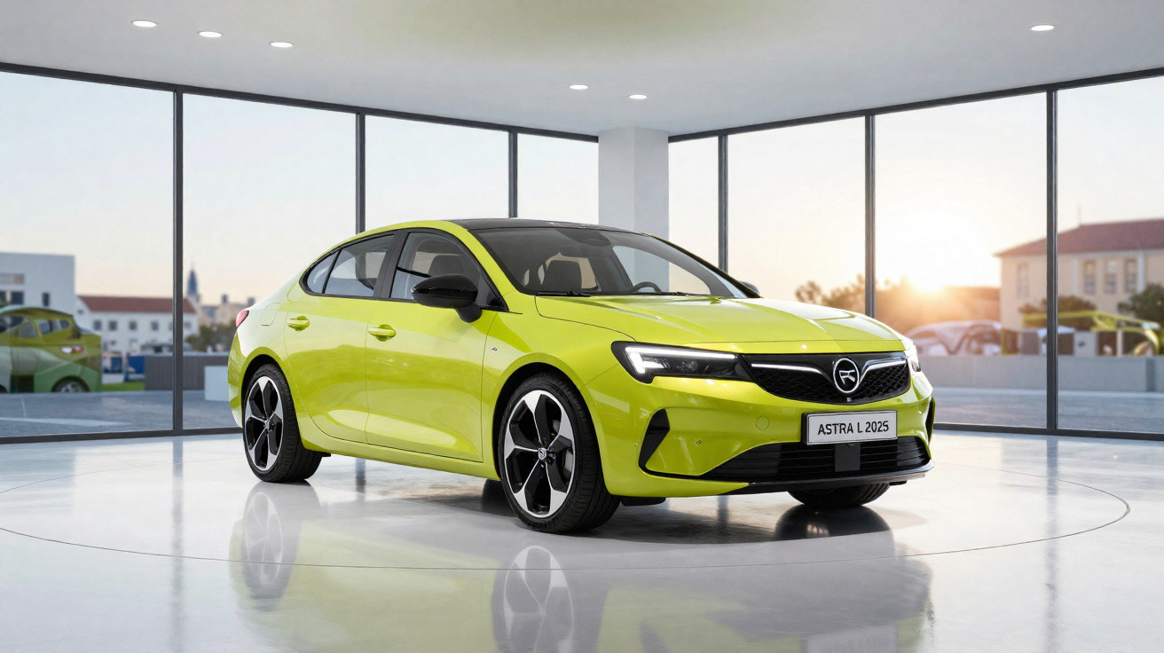 Carro sedan esportivo verde limão modelo Astra L 2025 em ambiente interno com chão brilhante.