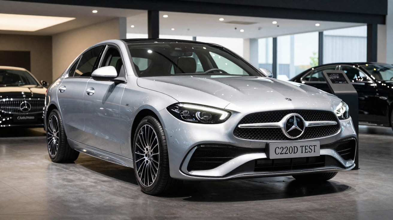 Carro prata Mercedes-Benz modelo C220D em exposição interna com piso refletivo.