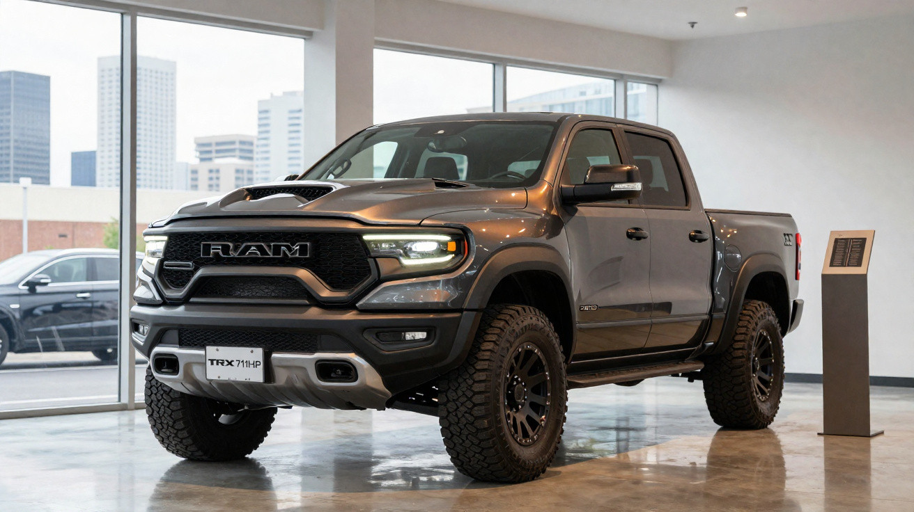 Picape Ram TRX 711HP cinza exibida em showroom moderno com janelas amplas.