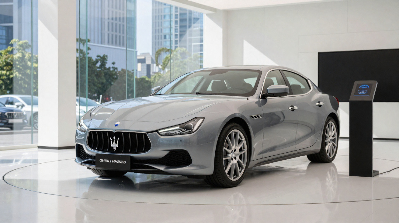 Carro cinza Maserati Ghibli Hybrid exibido em showroom moderno com piso branco e paredes de vidro.