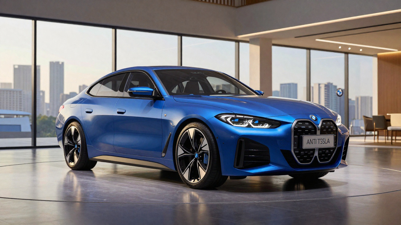 Carro elétrico BMW azul em exposição dentro de salão moderno com vista urbana ao fundo.