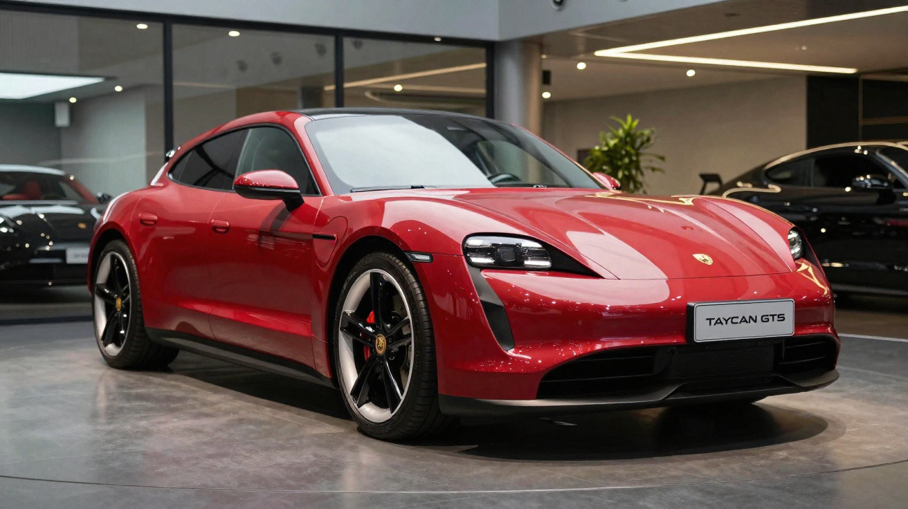 Carro esportivo elétrico Porsche Taycan GTS vermelho exibido em showroom moderno.