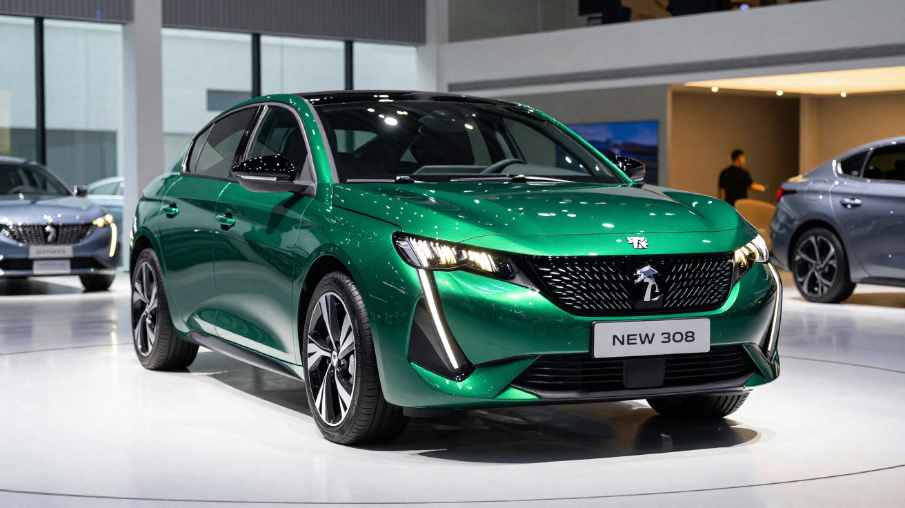 Carro hatchback verde Peugeot New 308 exposto em salão de automóveis moderno.