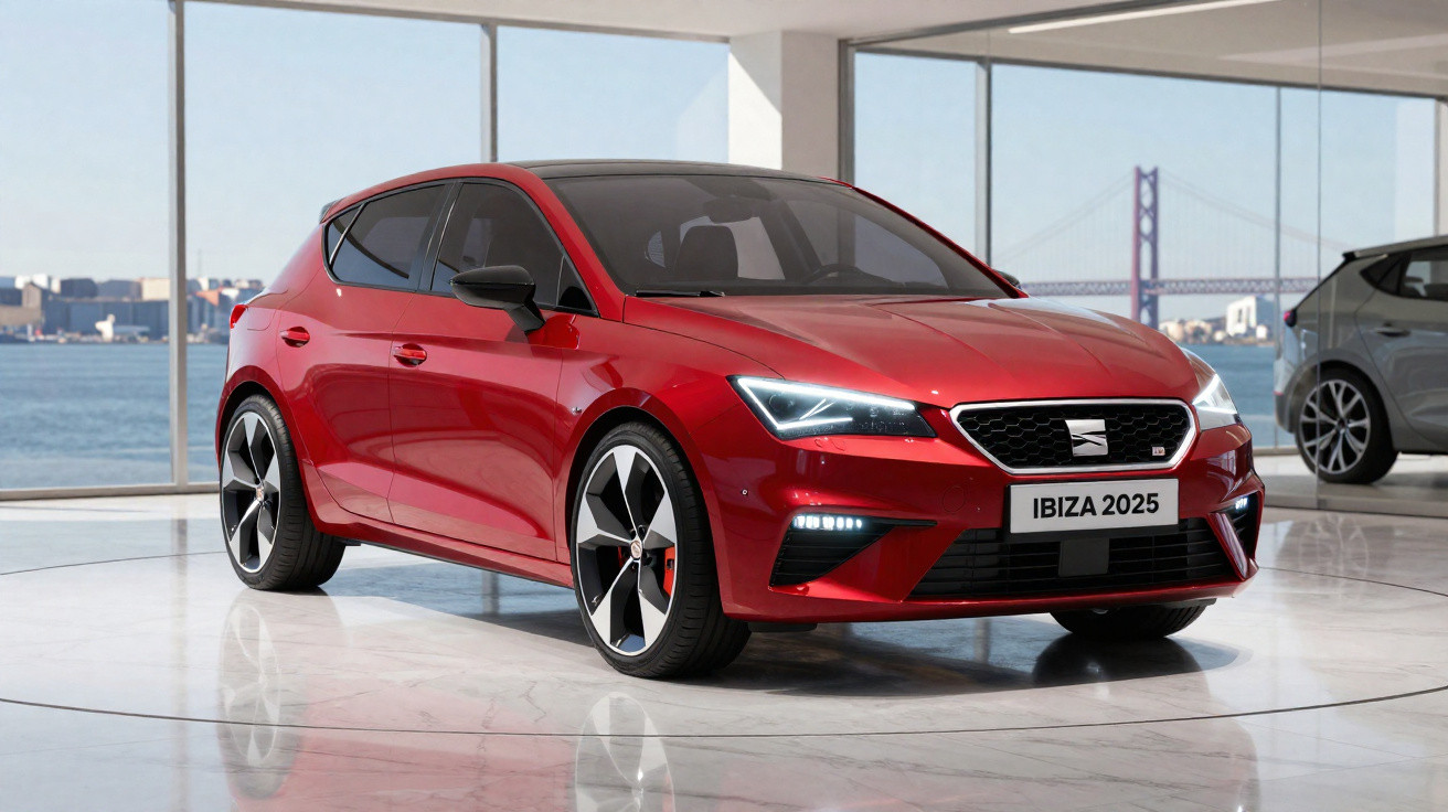 Carro vermelho SEAT Ibiza 2025 em exposição com janelas grandes e vista para ponte ao fundo.
