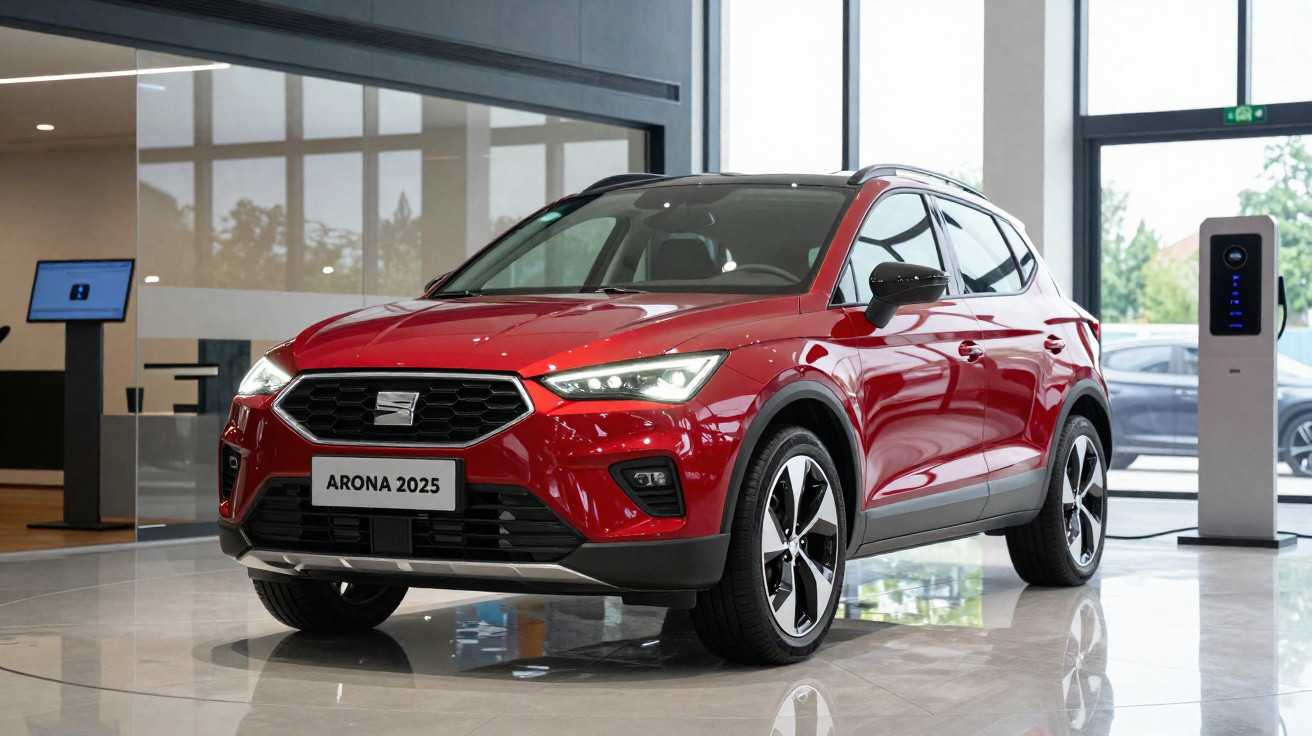 Carro SUV vermelho SEAT Arona 2025 exibido em showroom moderno com portas de vidro e painéis digitais.