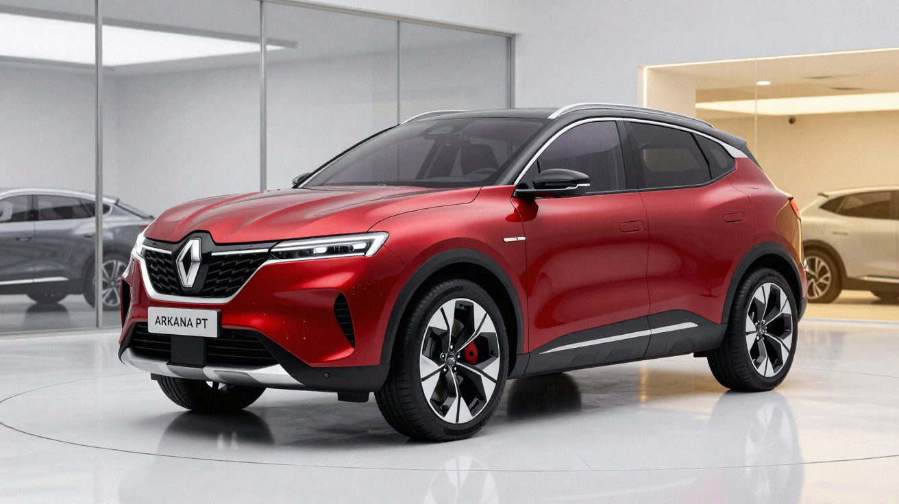 Carro SUV vermelho Renault Arkana PT em showroom moderno com chão branco e paredes de vidro.