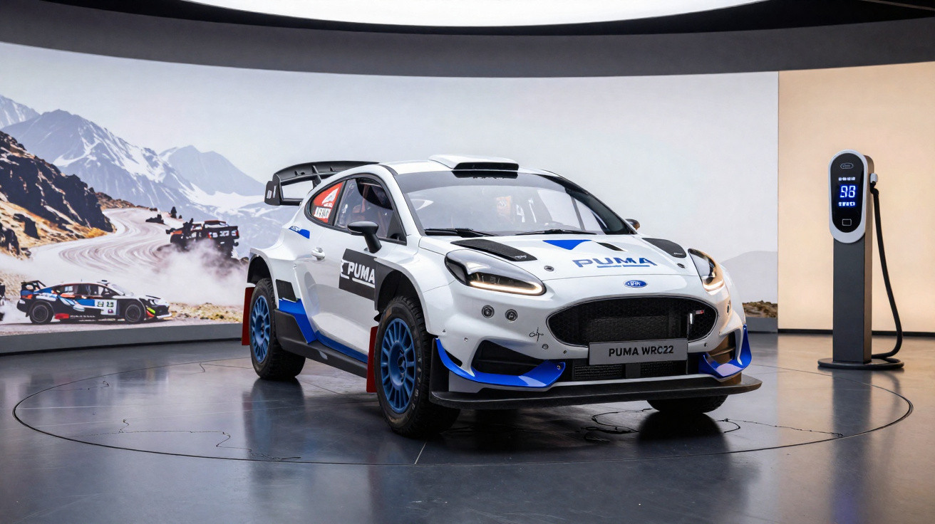 Carro de rali branco com detalhes azuis exibido em palco com painel digital e imagem de rali ao fundo.
