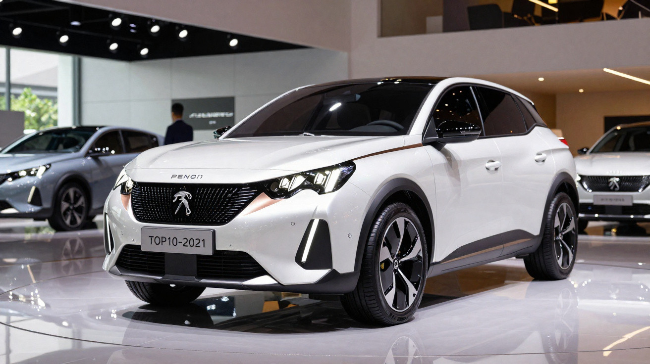 Carro SUV branco Peugeot em exposição com placa "TOP10-2021" em ambiente interno iluminado.