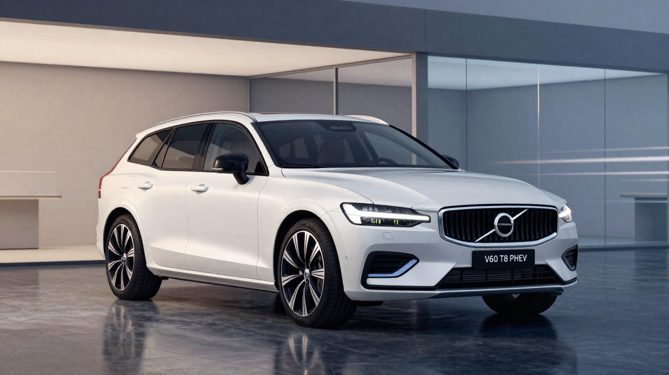 Carro Volvo V60 T8 PHEV branco estacionado em ambiente moderno com fachada de vidro ao fundo.