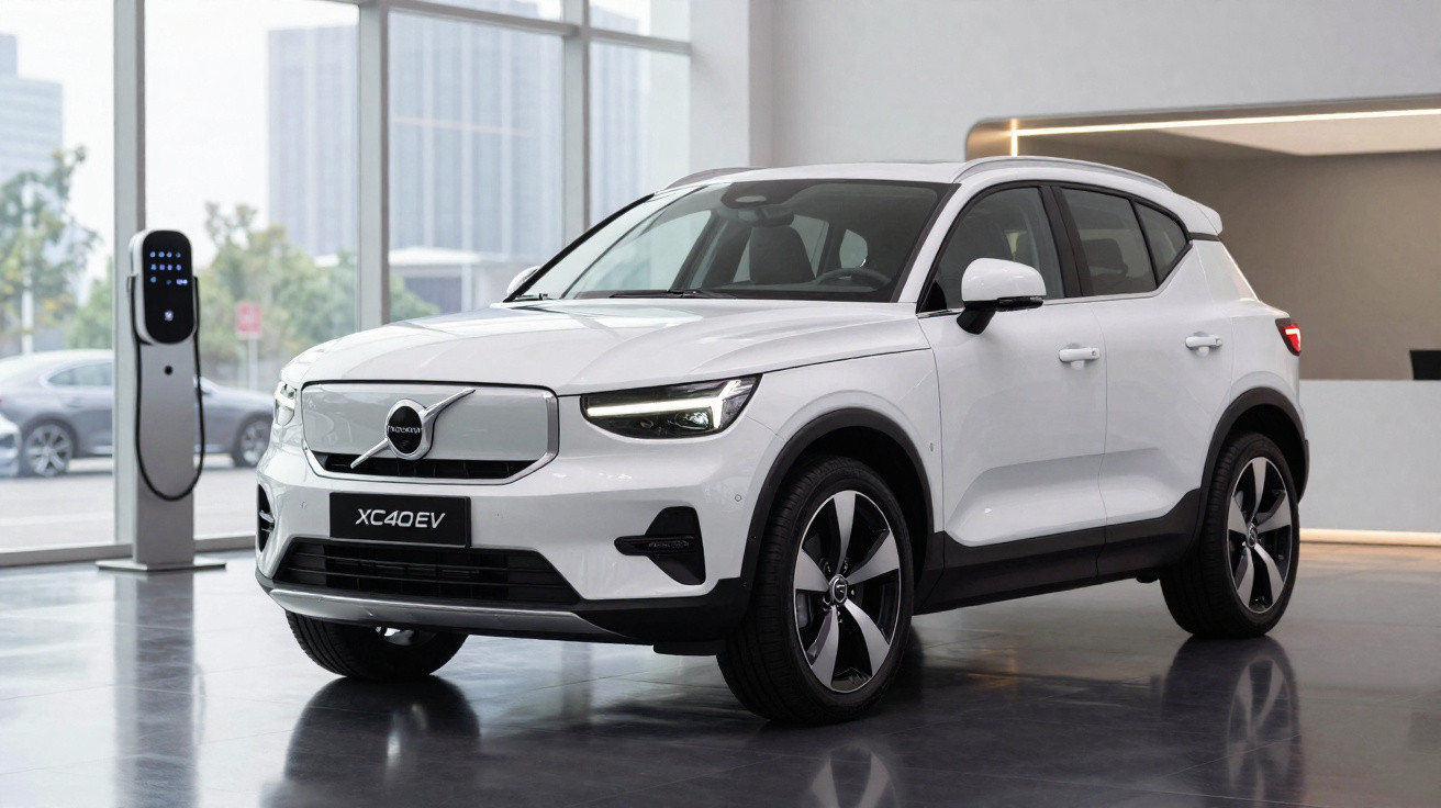 Carro elétrico Volvo branco modelo XC40 EV estacionado em ambiente interno ao lado de carregador elétrico.