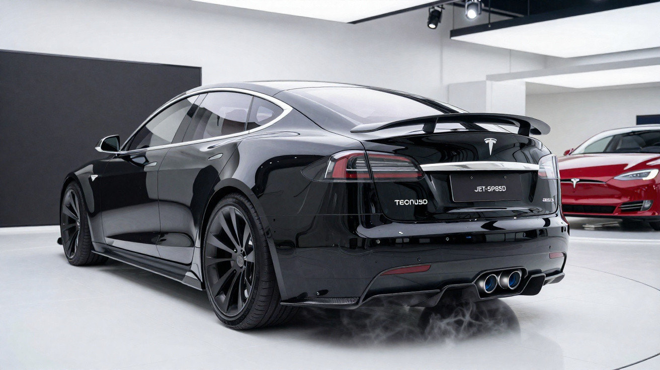 Carro esportivo preto Tesla Model S em showroom branco com outro carro vermelho ao fundo.