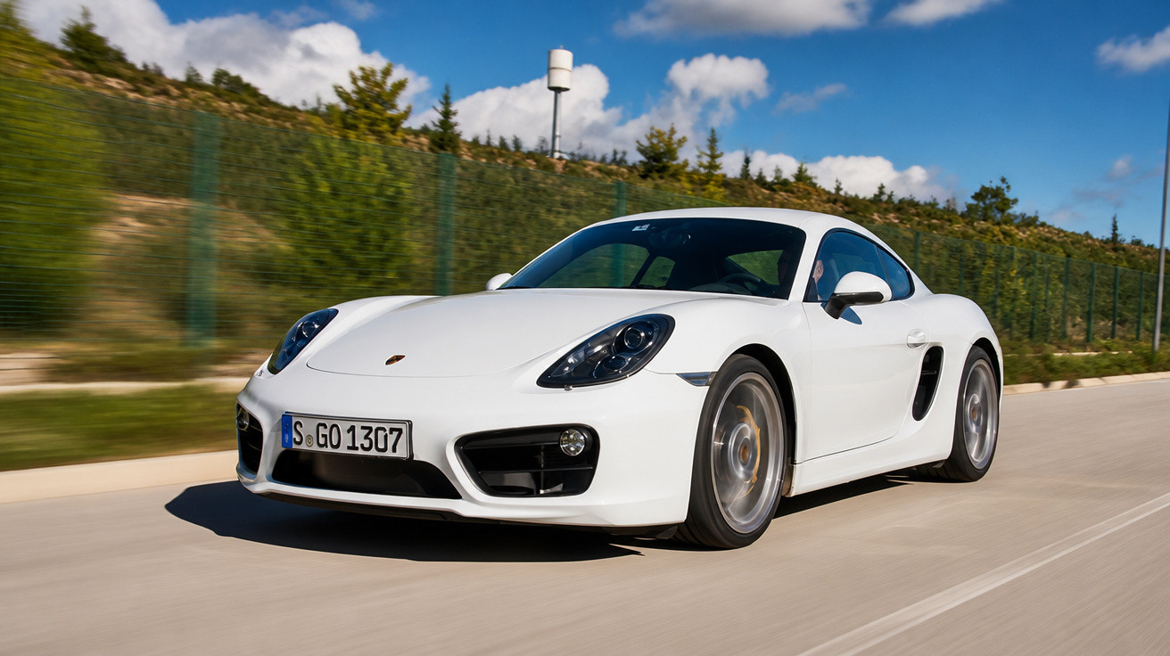 Carro esportivo branco Porsche em movimento em estrada sob céu azul com árvores ao fundo.