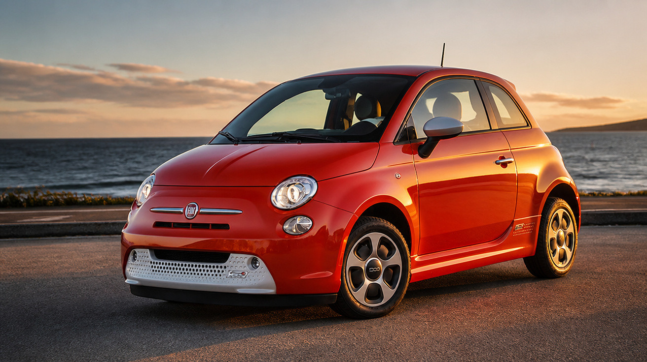 Carro Fiat 500 vermelho estacionado em estrada à beira-mar ao pôr do sol.