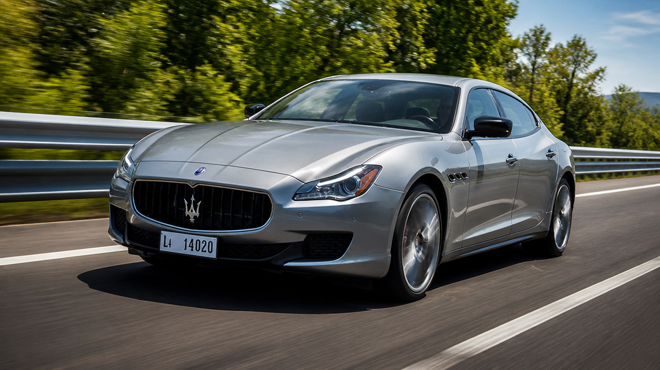 Carro esportivo Maserati prata circulando em estrada asfaltada com vegetação ao redor.