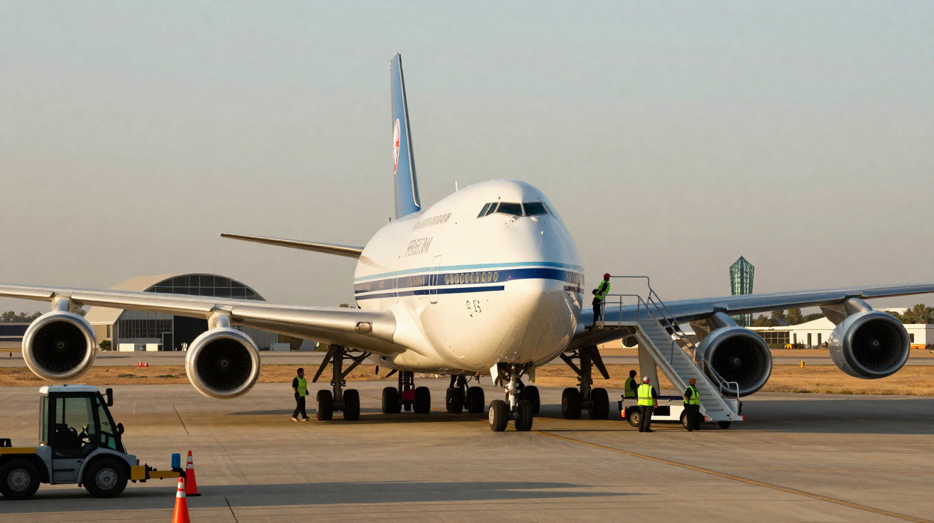 Avião Boeing 747 estacionado no aeroporto com trabalhadores e escada de embarque ao lado.