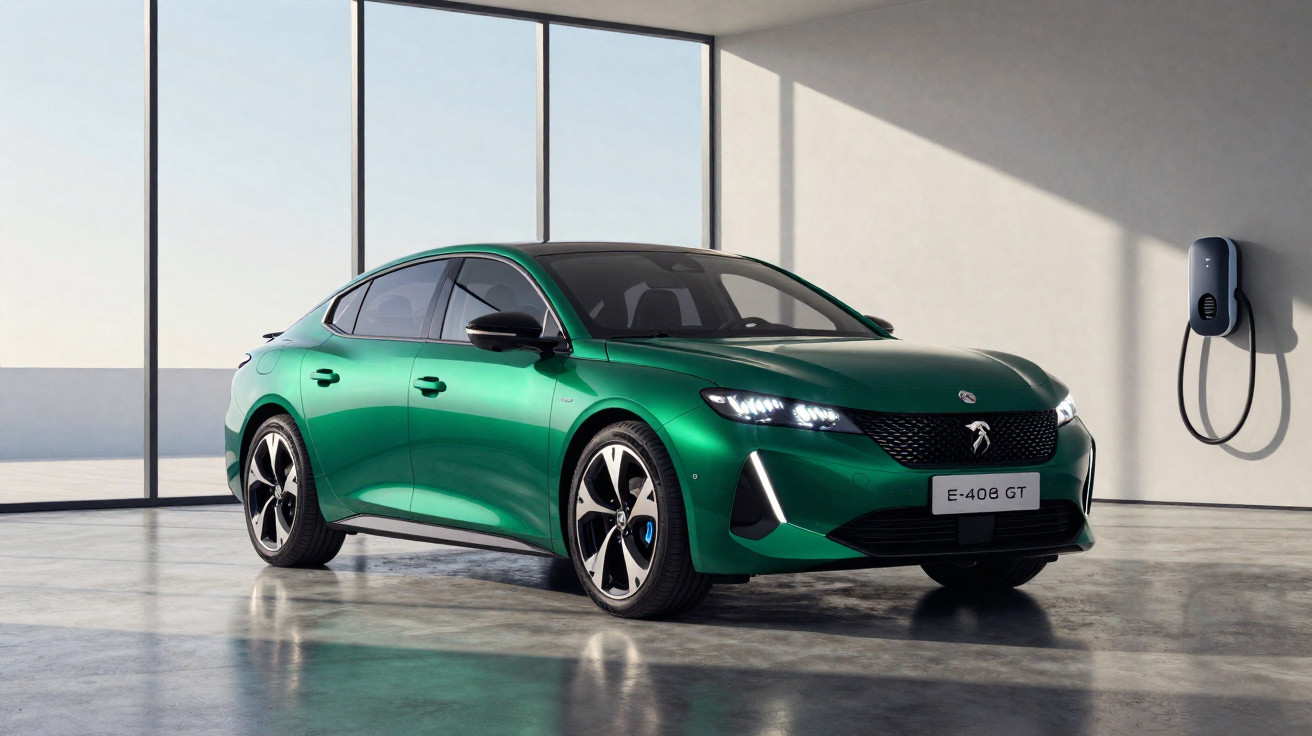 Carro elétrico verde Peugeot E-408 GT em garagem moderna com carregador na parede ao fundo.