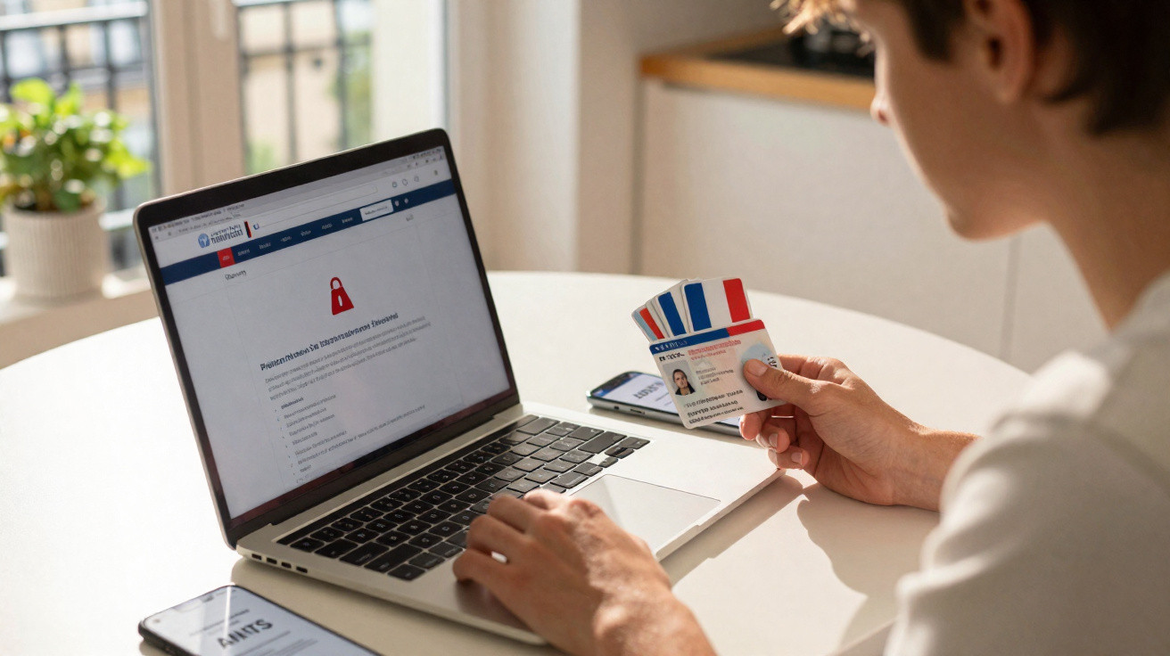 Pessoa segurando documentos e cartão de pagamento, utilizando laptop para acesso a site seguro em mesa branca.