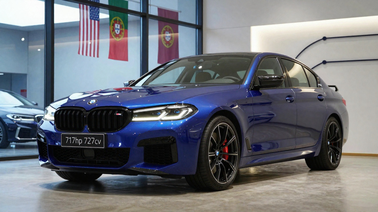 Carro esportivo BMW azul com rodas pretas exibido em showroom iluminado.