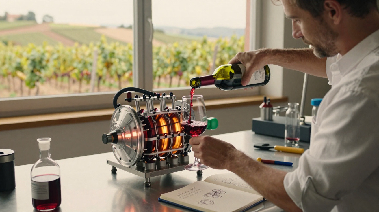 Homem servindo vinho tinto em taça em laboratório com equipamento e videira ao fundo.
