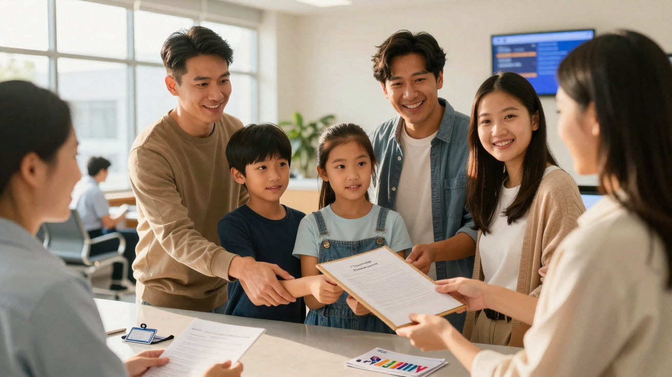 Família sorridente entregando documentos a atendentes em balcão de agência ou recepção.