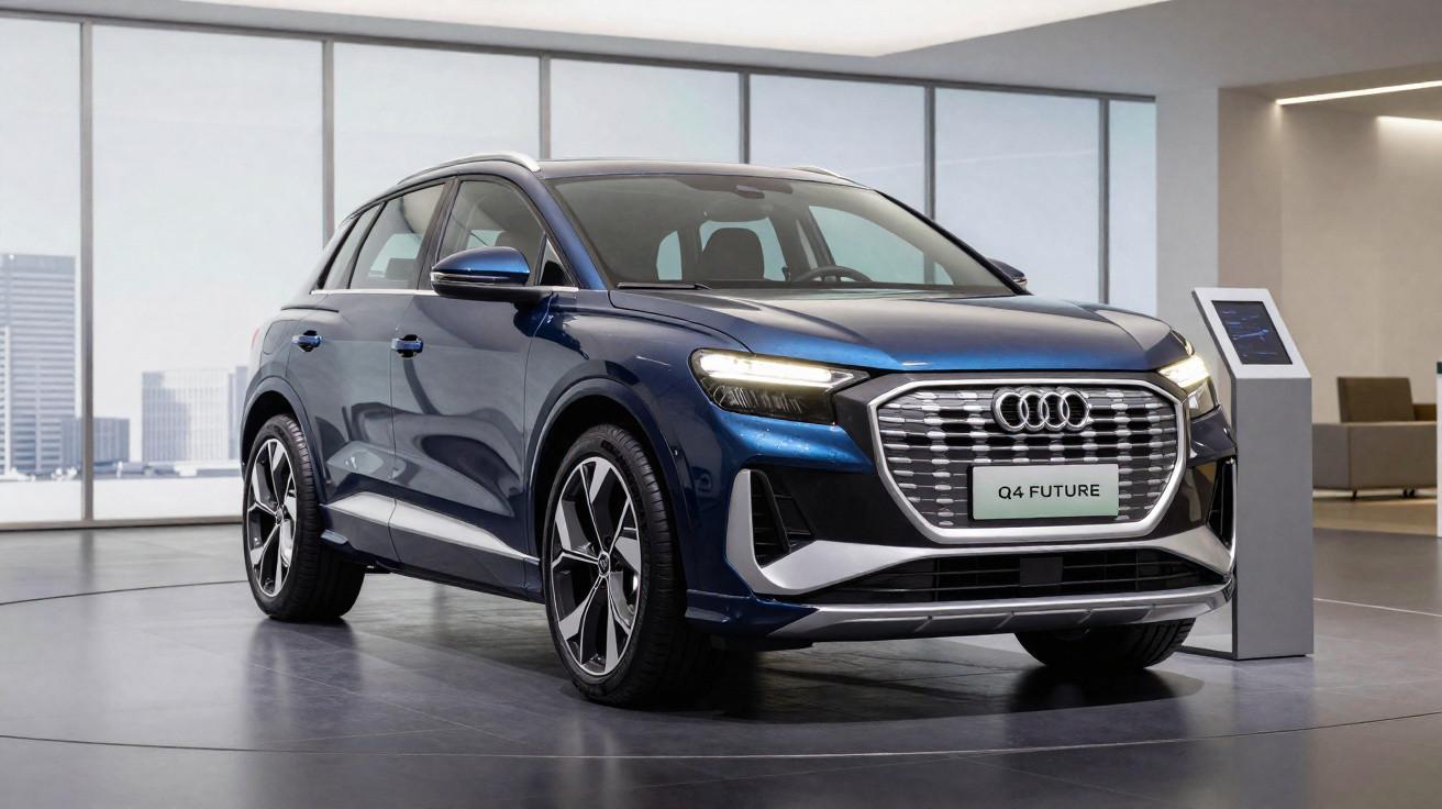 Carro SUV elétrico Audi Q4 Future azul exibido em showroom moderno com grandes janelas.