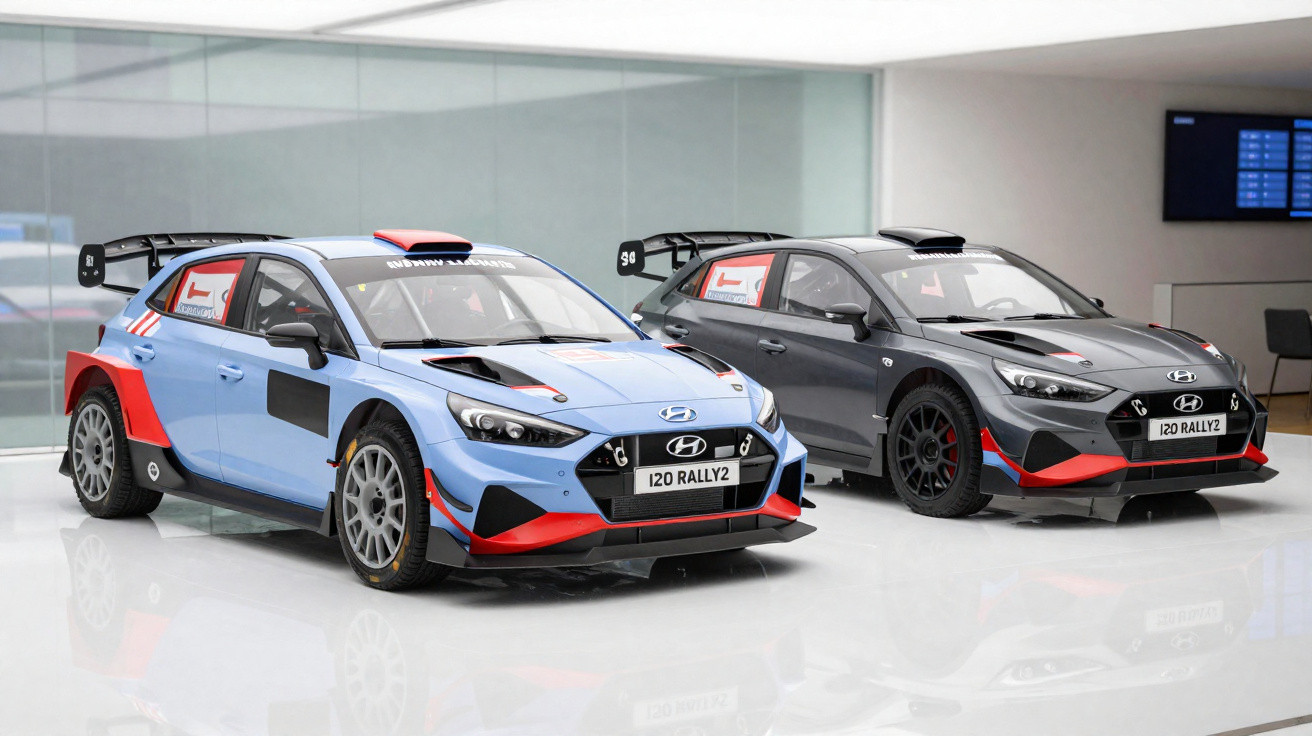 Dois carros de rally Hyundai i20 Rally2 em exposição, um azul e outro cinza, em ambiente interno moderno.