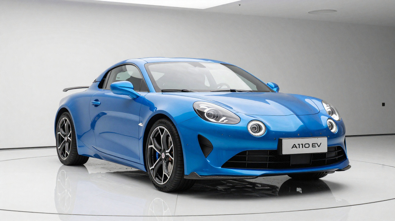 Carro esportivo azul Alpine A110 EV estacionado em ambiente interno com piso branco brilhante.
