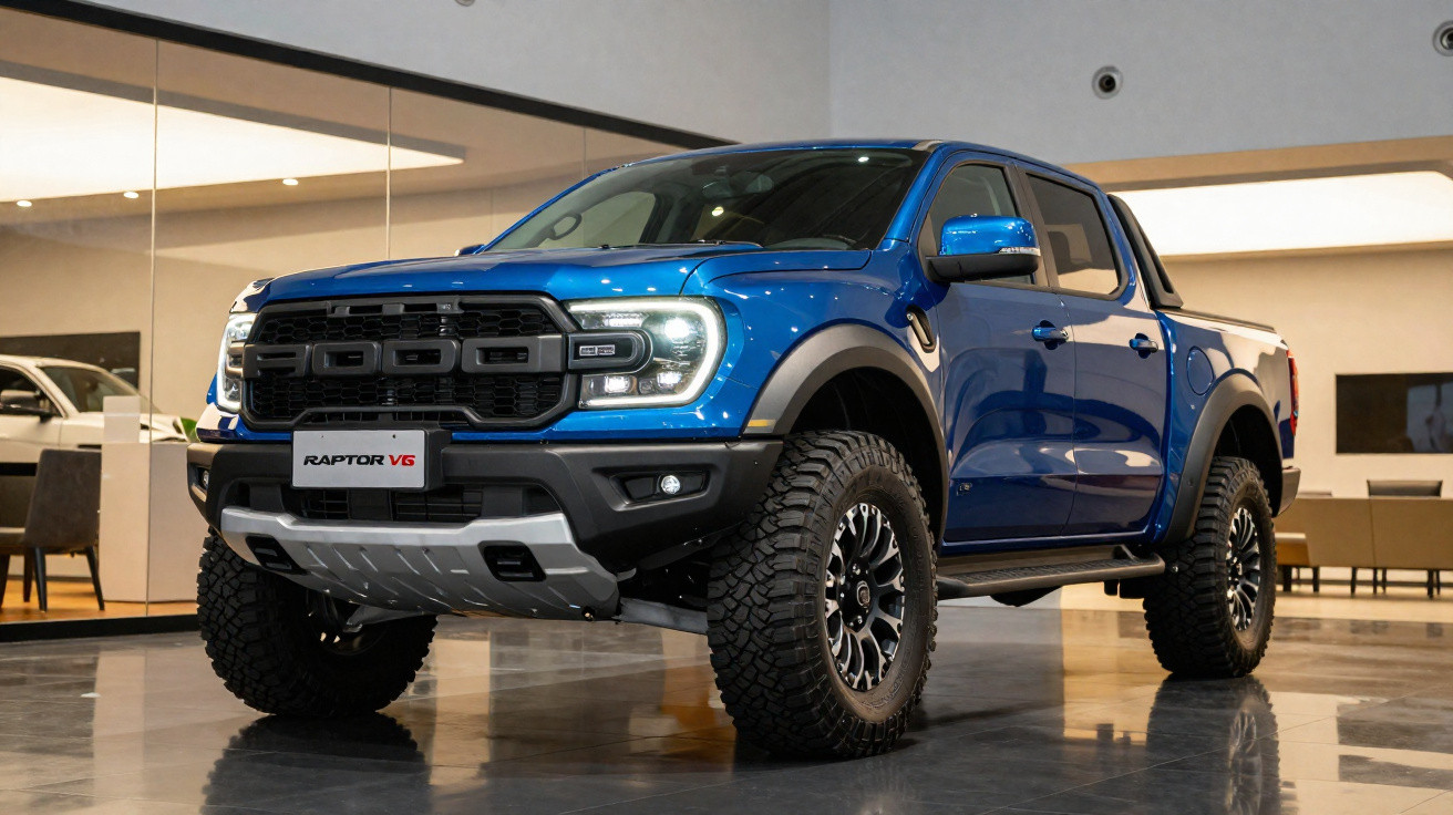 Picape Ford Ranger Raptor V6 azul em ambiente interno com piso brilhante e espelho ao fundo.