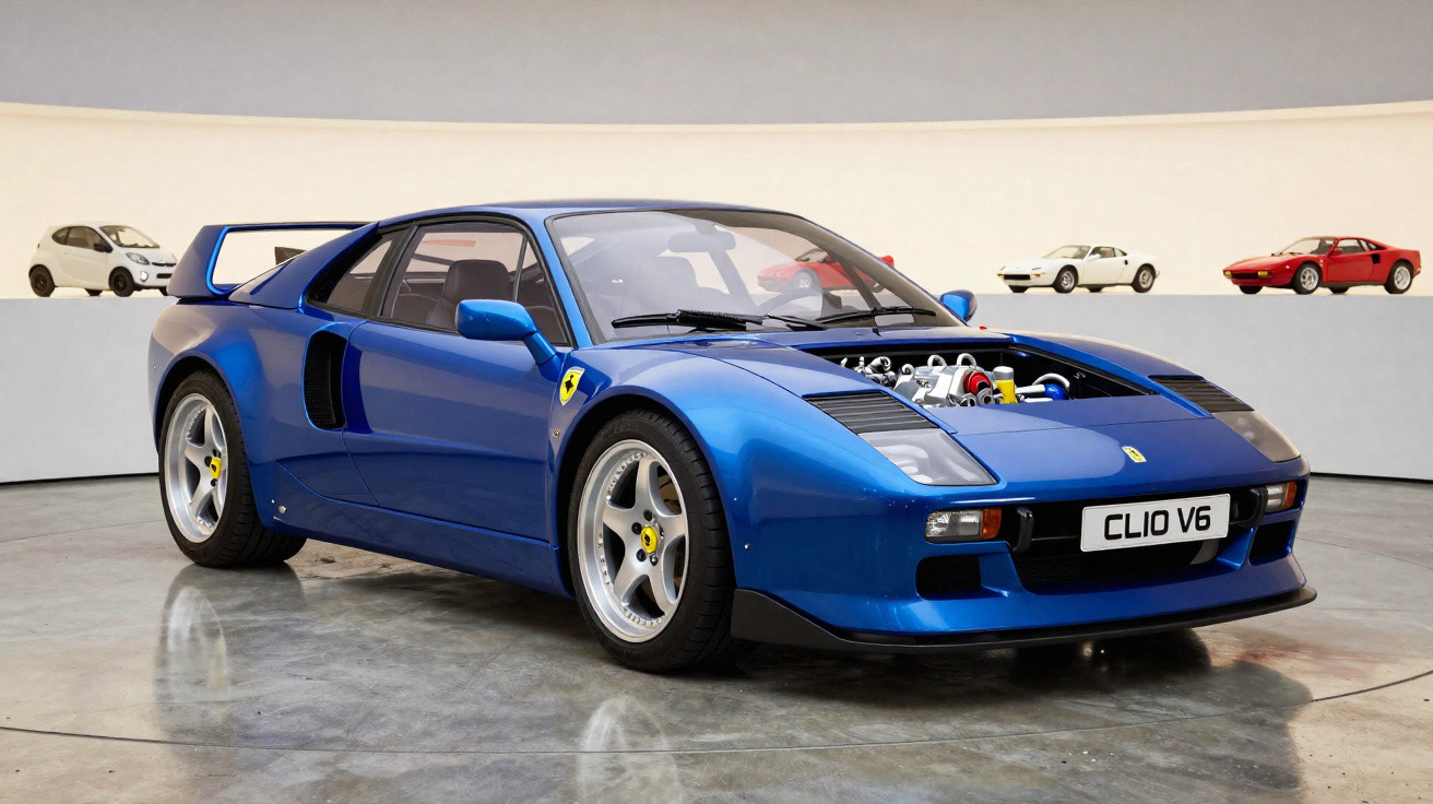 Carro esportivo azul com capô aberto exibindo motor, em exposição com outros carros ao fundo.