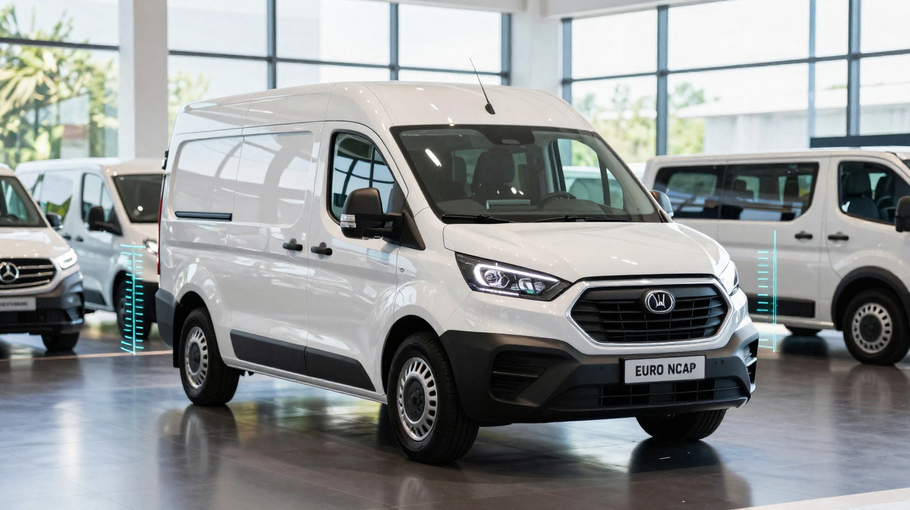 Van branca estacionada em showroom com outras vans ao fundo, luz natural entrando pelas janelas grandes.
