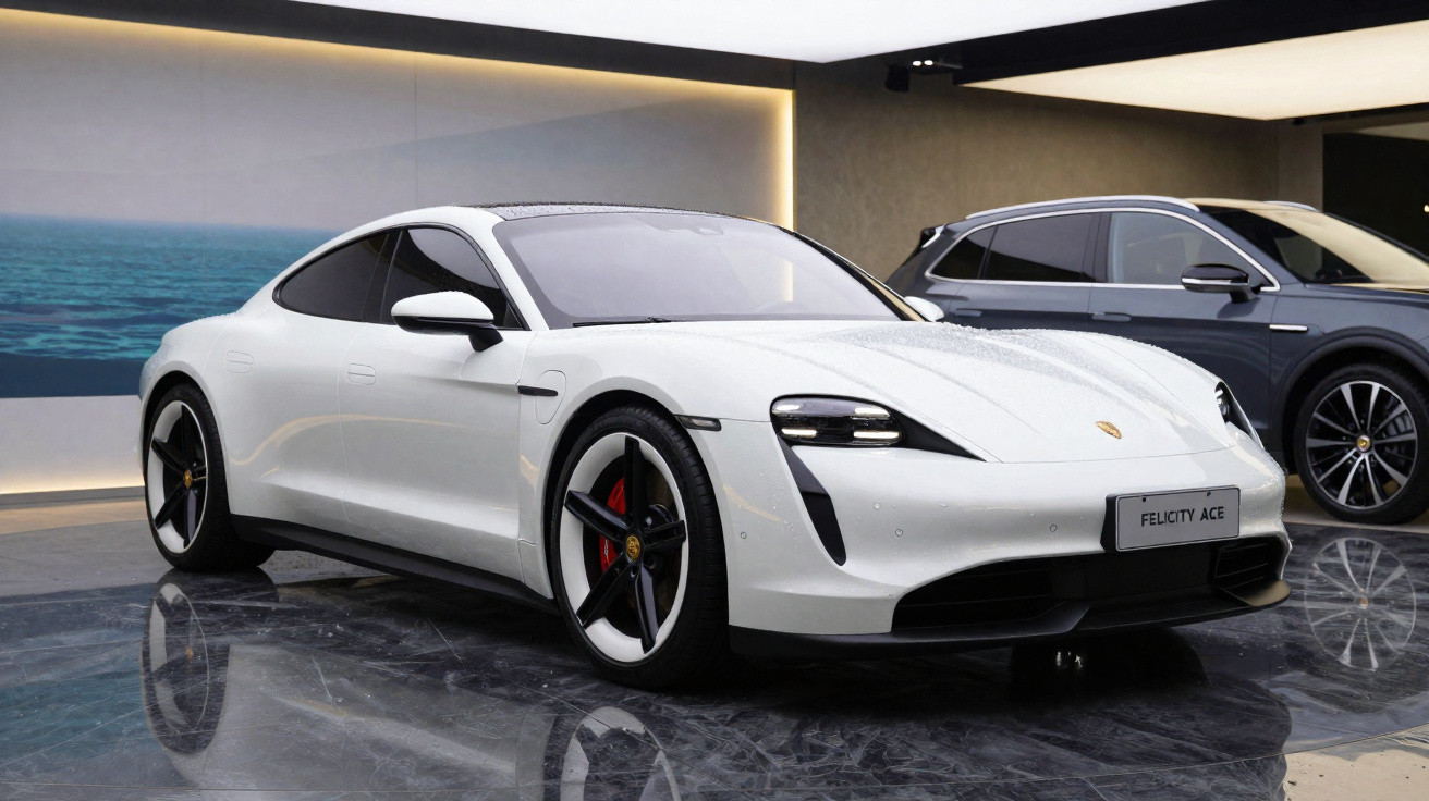 Carro esportivo elétrico branco Porsche Taycan exibido em salão com piso espelhado e iluminação ambiente.