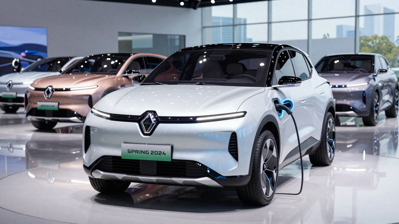Carro elétrico branco modelo Spring 2024 da Renault em exposição, conectado a carregador, com outros carros ao fundo.