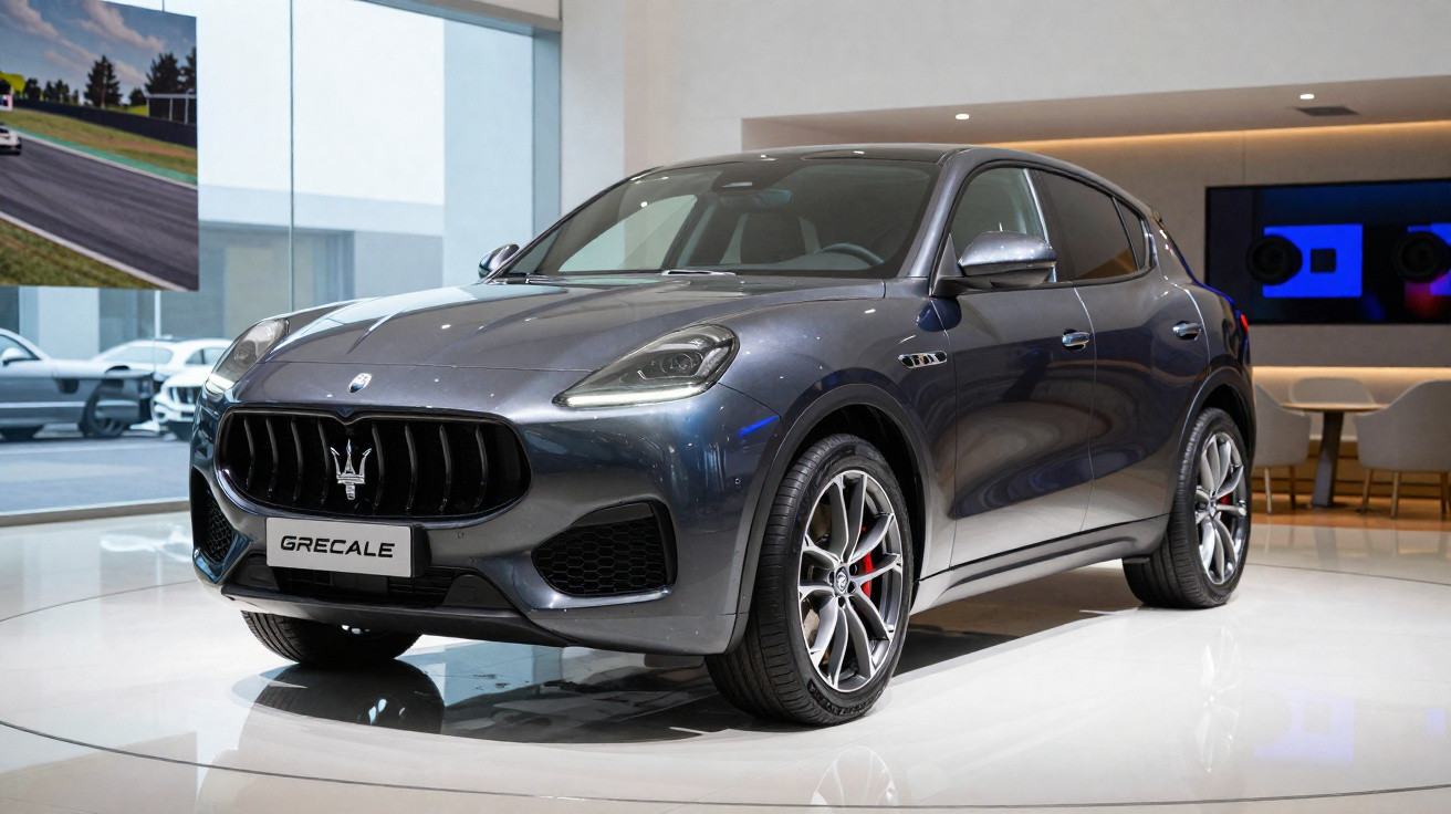 Carro SUV cinza Maserati Grecale exposto em showroom moderno e iluminado.