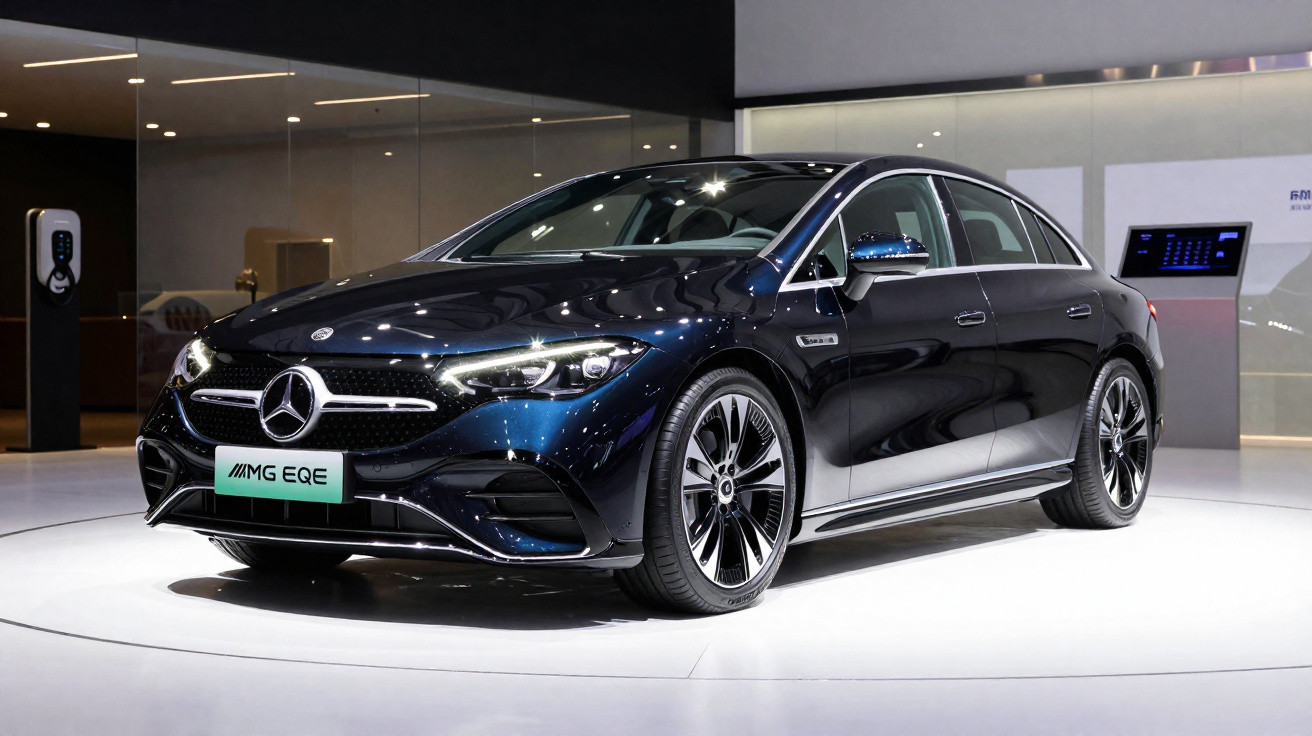 Carro elétrico Mercedes-Benz AMG EQE preto exposto em salão de automóveis moderno e iluminado.
