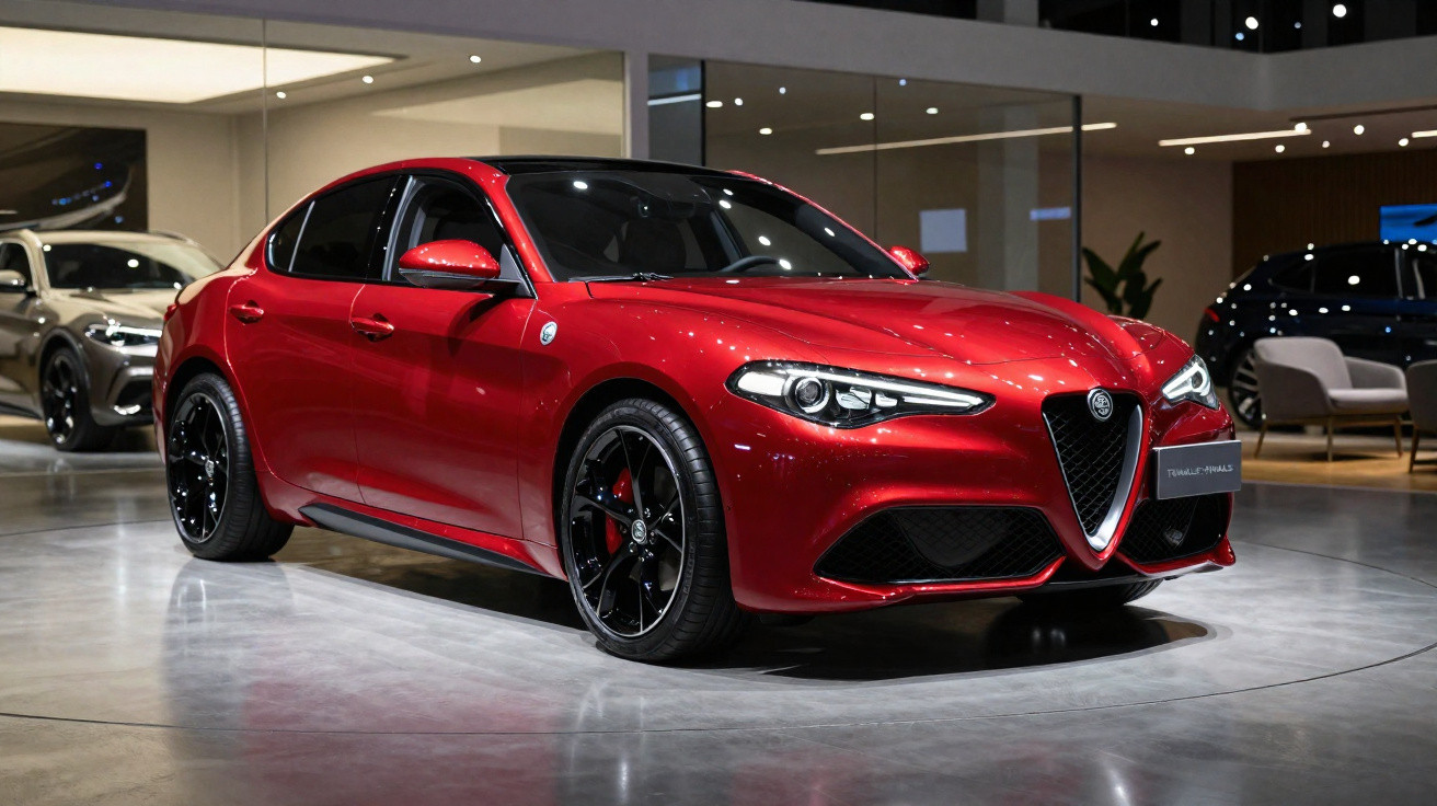Carro esportivo Alfa Romeo Giulia vermelho exposto em showroom moderno com iluminação suave.