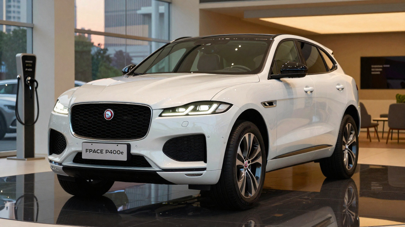 Carro SUV branco Jaguar F-Pace P400e exibido em showroom moderno com piso brilhante.