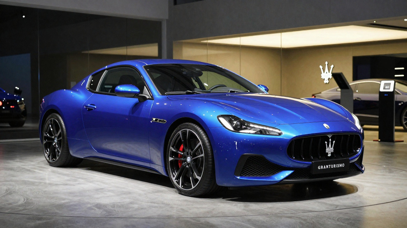 Carro esportivo azul Maserati GranTurismo em exposição, com rodas pretas e detalhes vermelhos nas pastilhas de freio.